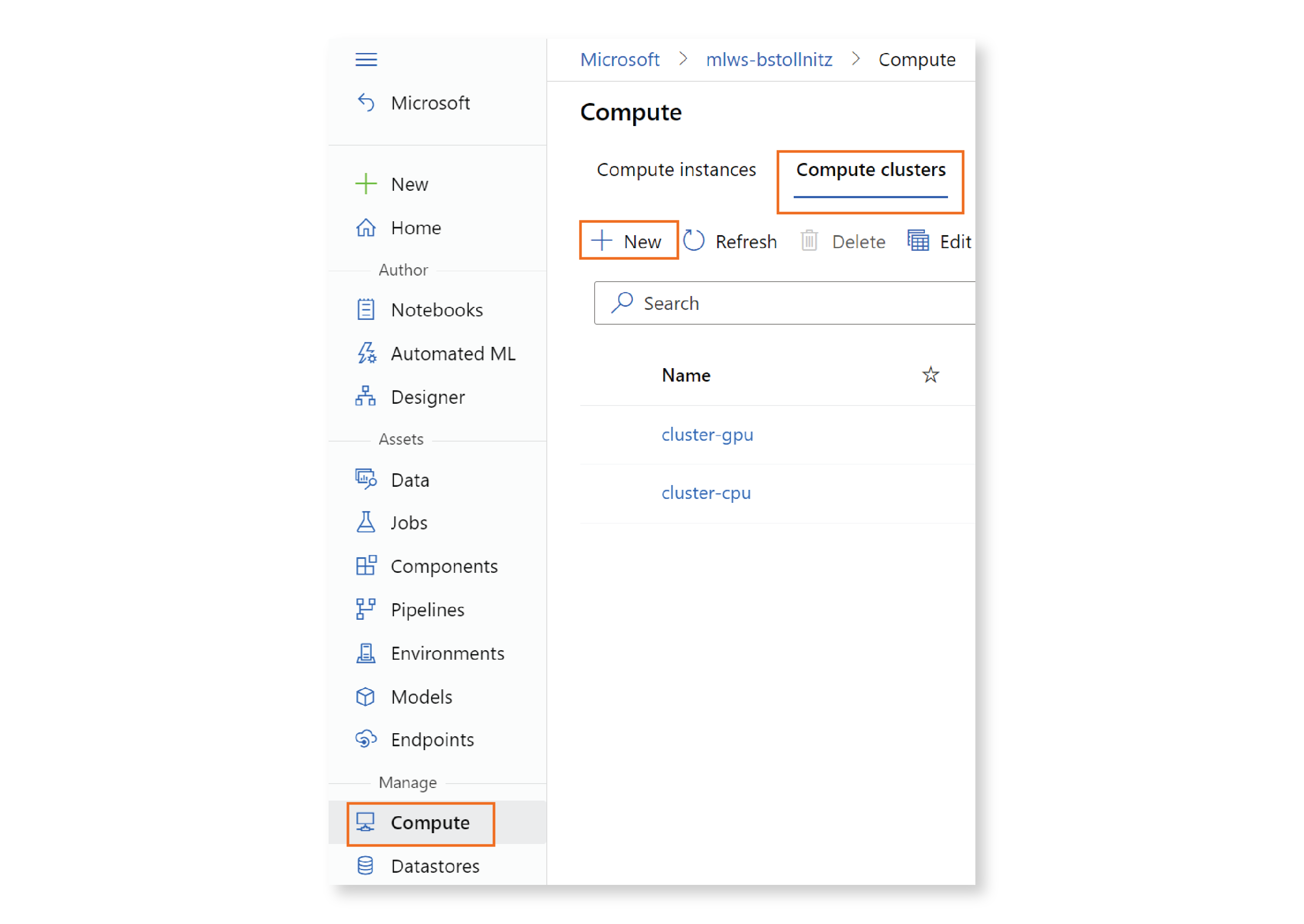 Screenshot of Azure ML Studio UI for creating a compute cluster