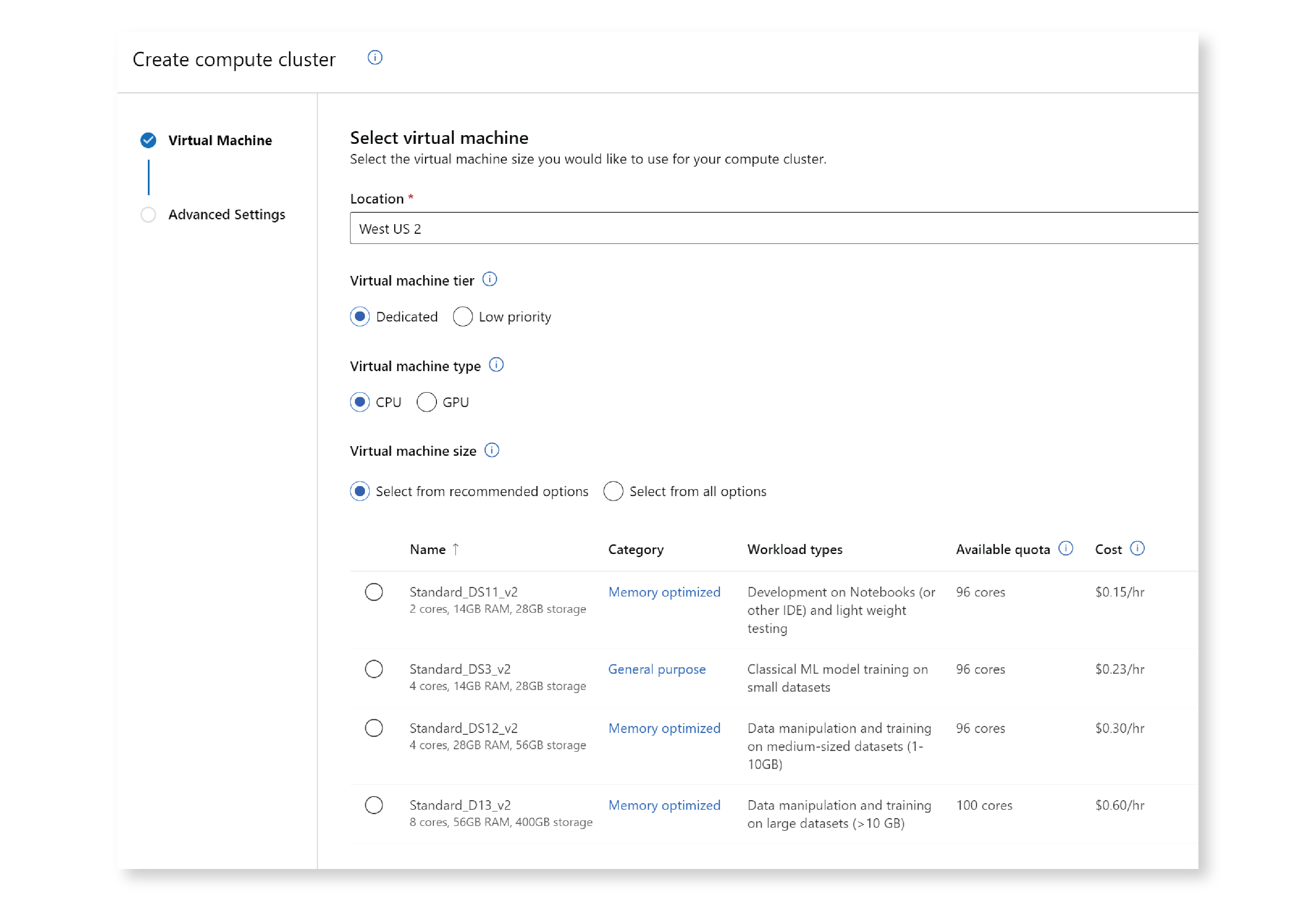 Screenshot of Azure ML Studio UI for creating a compute cluster