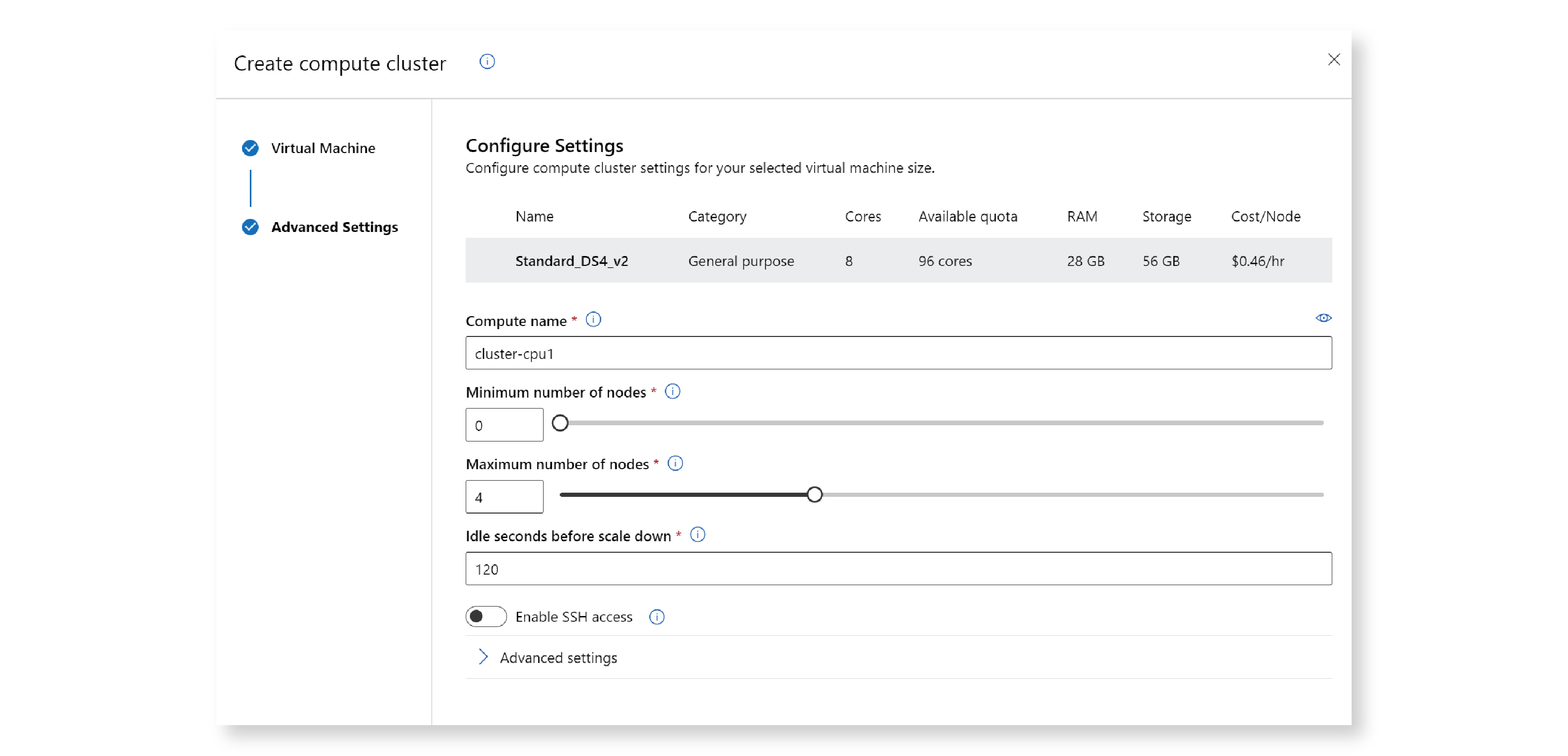 Screenshot of Azure ML Studio UI for creating a compute cluster