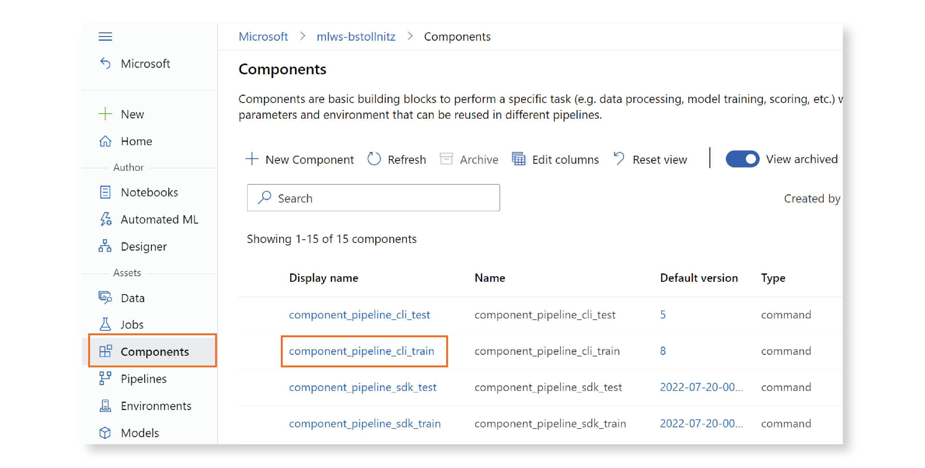 Components page in the Azure ML Studio.