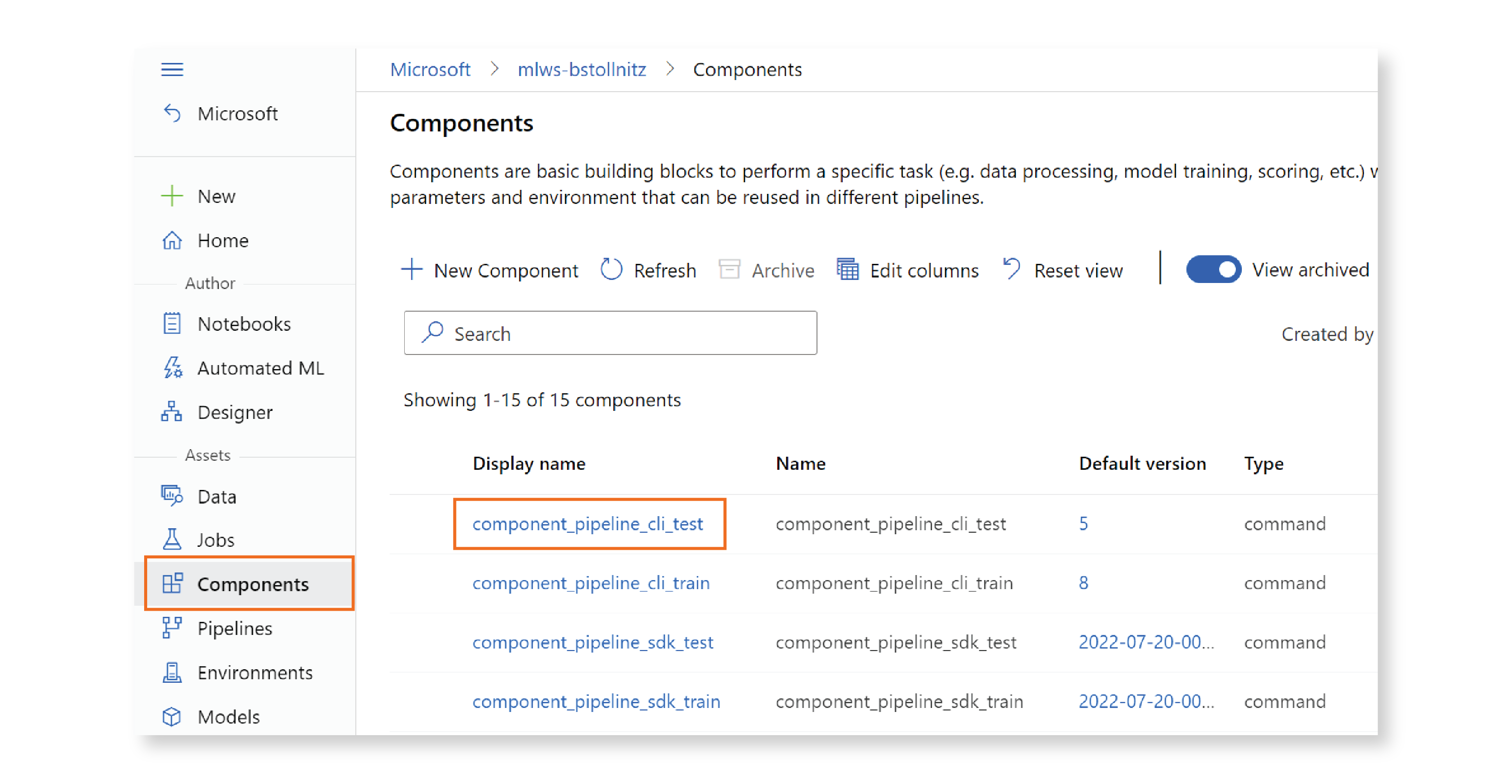 Components page in the Azure ML Studio.