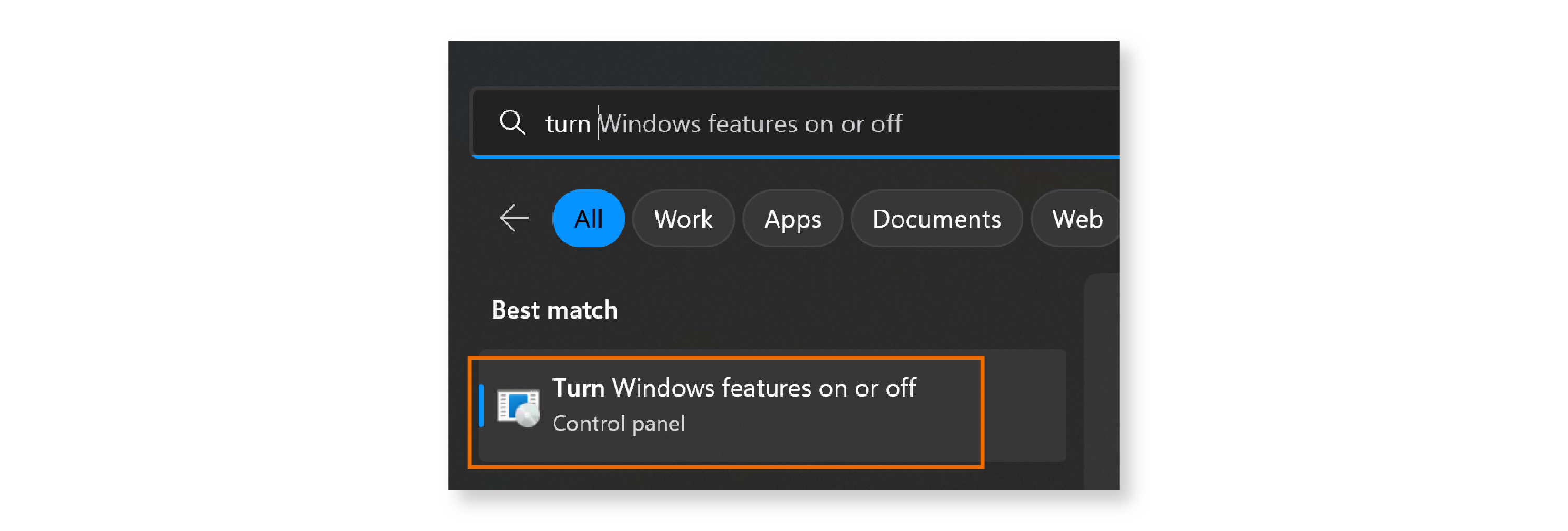 Screenshot of searching for "Turn Windows featurs on or off".