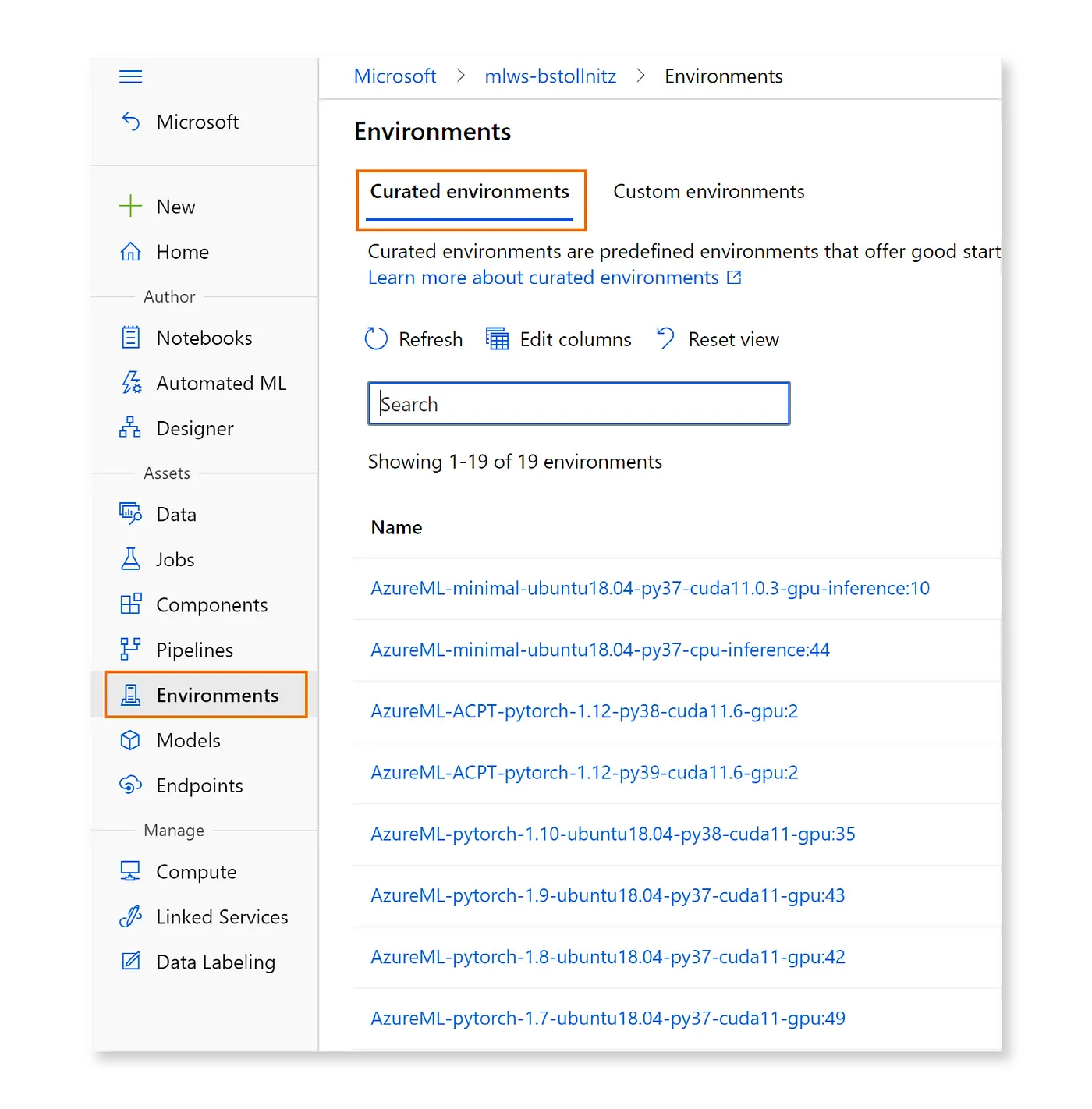 Screenshot of the curated environments in the Azure ML Studio