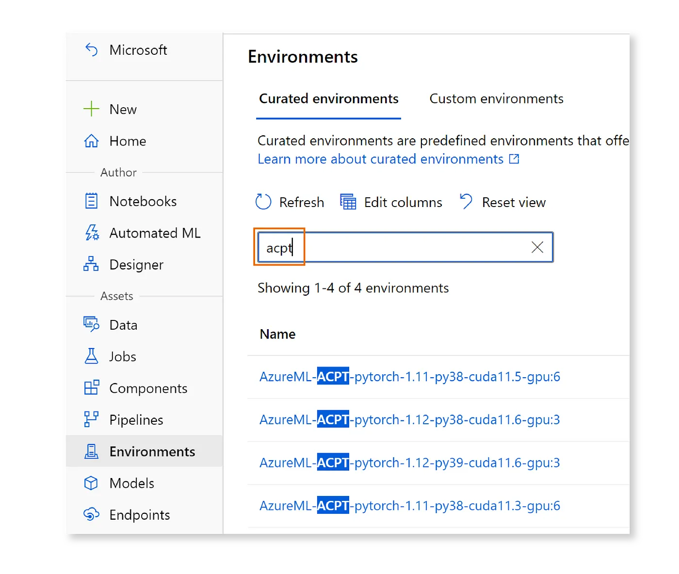 Screenshot of the ACPT curated environment in the Azure ML Studio